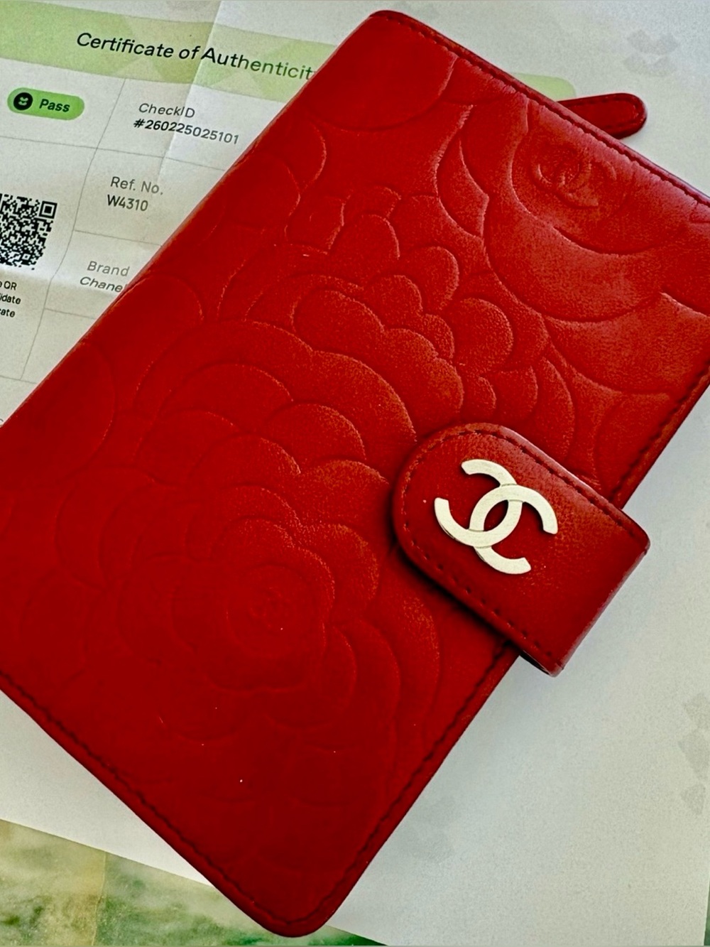 CERTIFIED CHANEL Red Floral Camellia Leather DOUBLE Coin Wallet cards CC w COA !